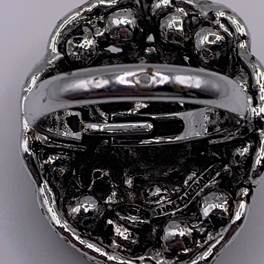 Vintage Hollycraft Ring Smoky Rhinestone Gunmetal Tone Floral Adjust 6.5 Plus
